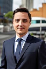 AI generated headshot photograph of a man wearing a suit in the city