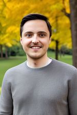 AI generated headshot photograph of a man wearing a sweater in the forest