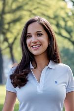 AI generated headshot photograph of a woman wearing a polo in the park