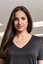 AI generated headshot photograph of a woman wearing a v-neck in showroom