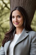 AI generated headshot photograph of a woman wearing a jacket in the forest