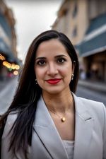 AI generated headshot photograph of a woman wearing a suit in the city