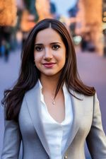 AI generated headshot photograph of a woman wearing a suit in the city