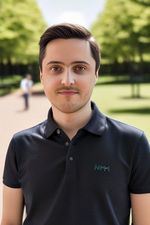 AI generated headshot photograph of a man wearing a polo in the park